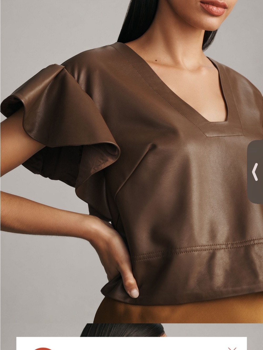 Maeve Chocolate Brown Faux-Leather V-Neck Ruffle-Sleeve Top